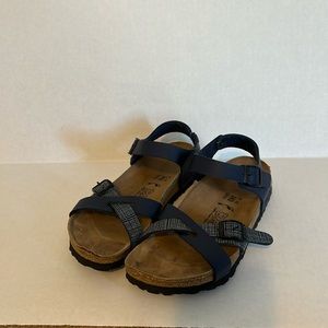 Birkenstock Birkis Rio Womens Navy Blue Plaid Birko Sandals with ankle strap